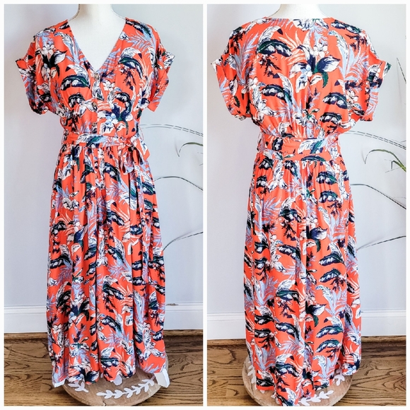 LOFT, New Red Botanical Tropical Floral V-Neck Button Tie Waist Midi Dress 4 - Picture 2 of 12